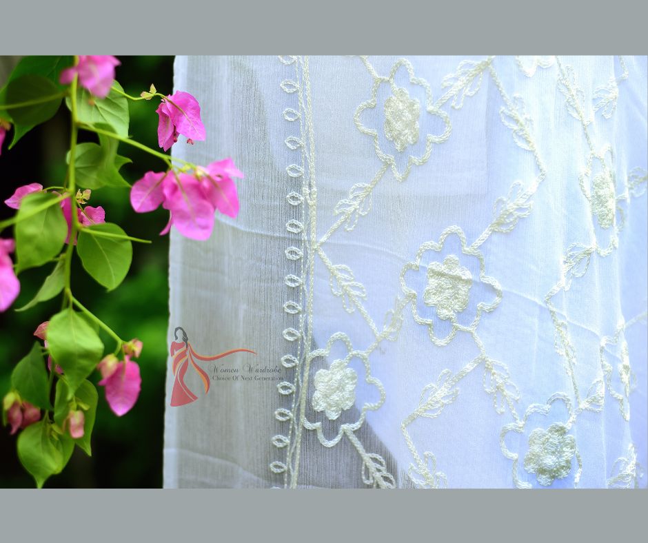 WHITE Aari EMBROIDERY DUPATTA