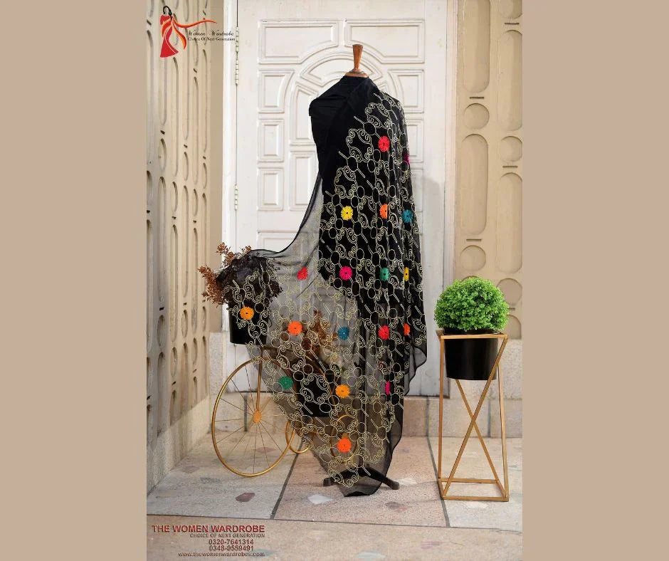 Black Colorful Embroidery Dupatta
