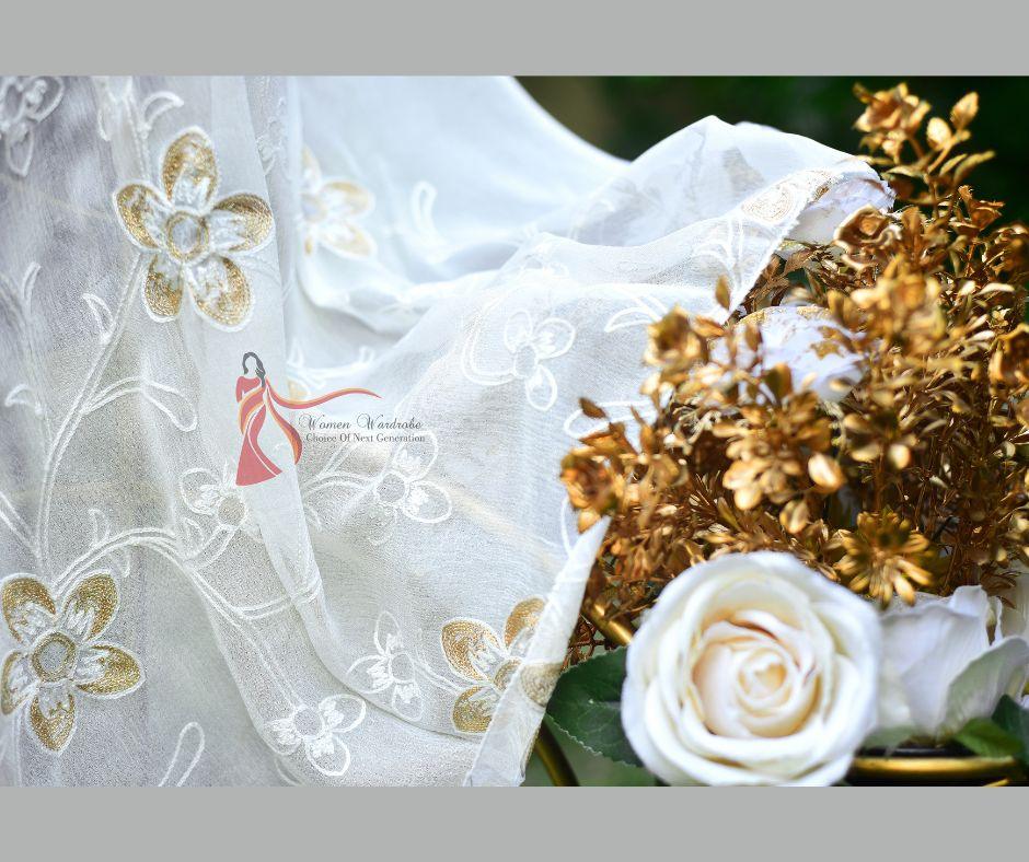 WHITE Aari TILLA EMBROIDERY DUPATTA