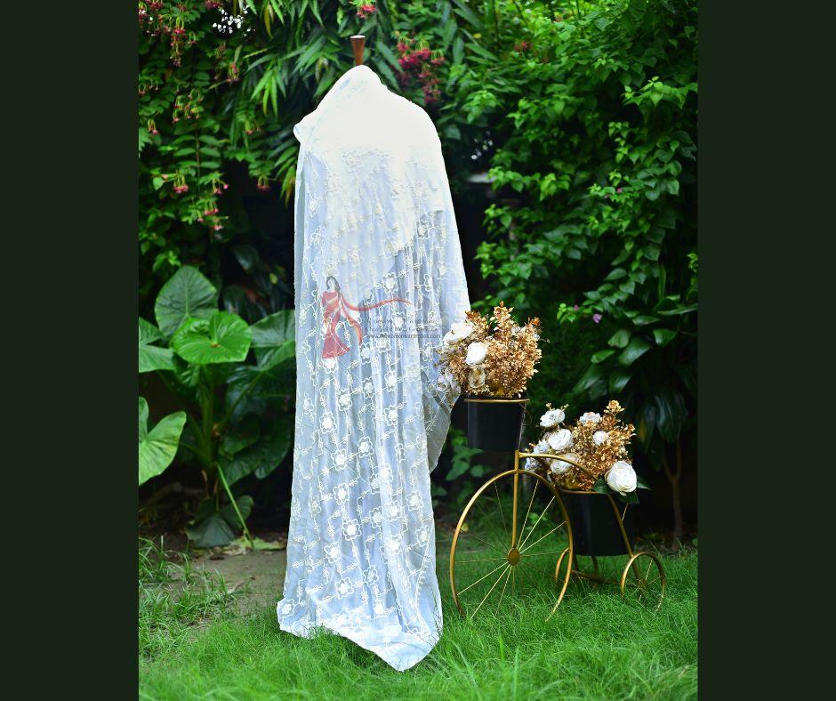 WHITE Aari EMBROIDERY DUPATTA