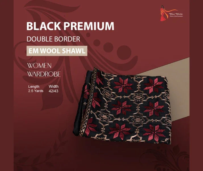 Black Double Border Em Wool Shawl