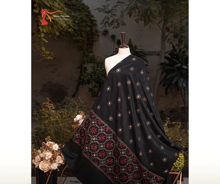 Black Double Border Em Wool Shawl