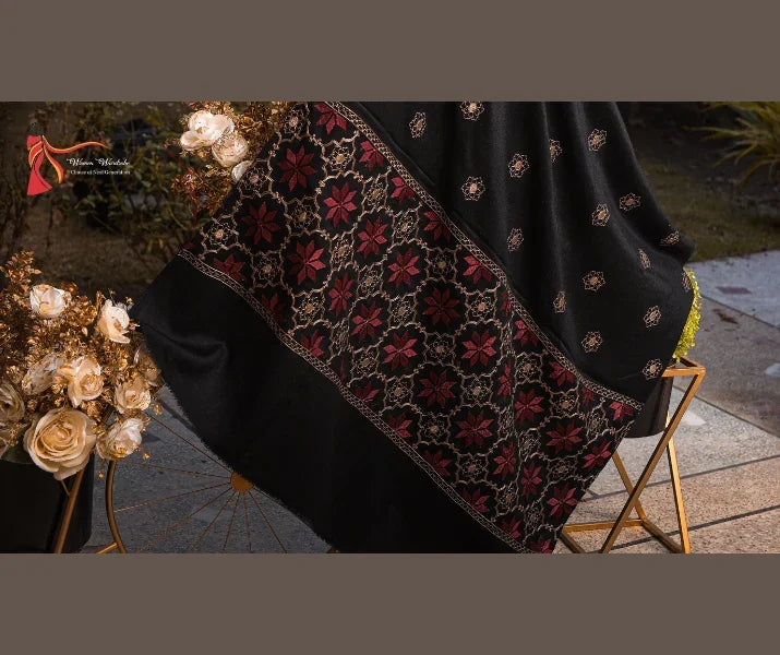 Black Double Border Em Wool Shawl