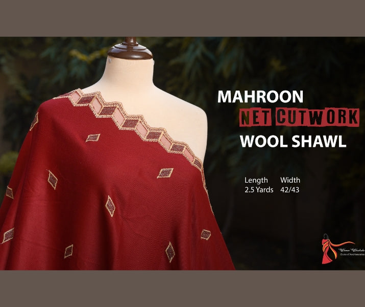 Mahroon Premium Net CutWork Wool Shawl