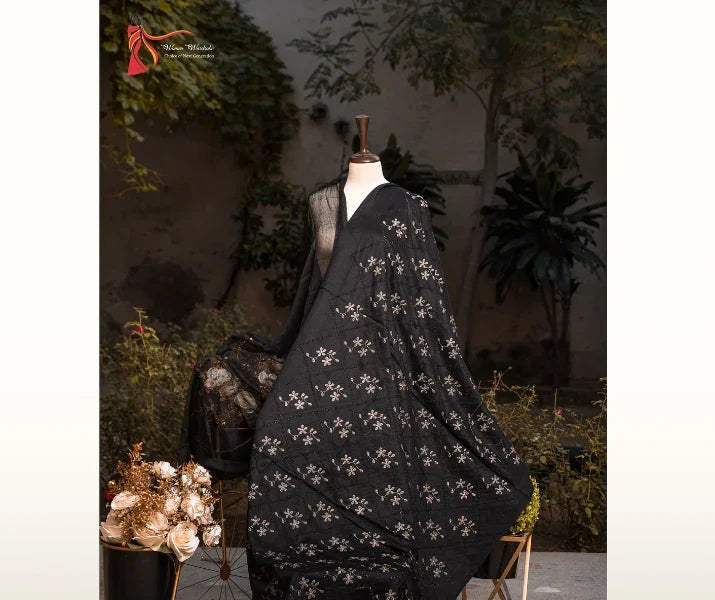 Black Tarkashi Em Wool Shawl